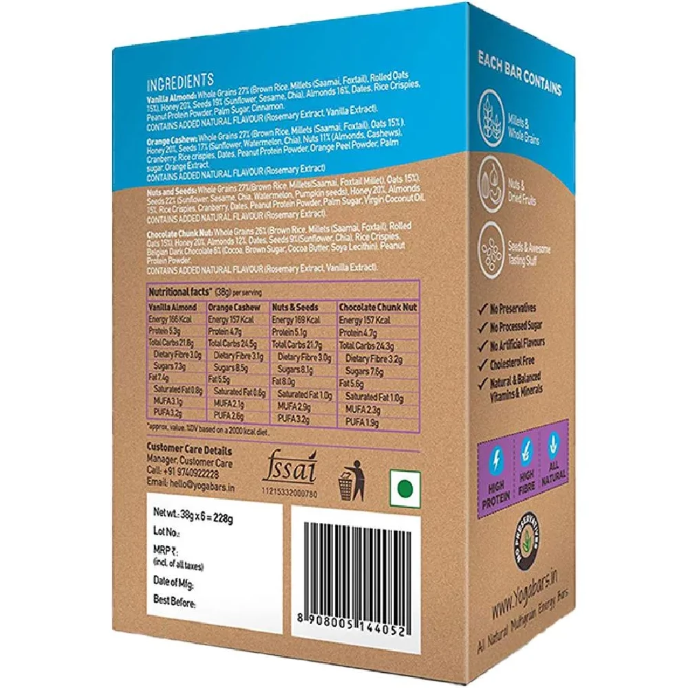 Yoga Bar Multigrain Variety Energy Bar - Chocolate, Vanilla Almonds, Cashew Orange & Nuts & Seeds, 38 g (Pack of 10)-2.webp